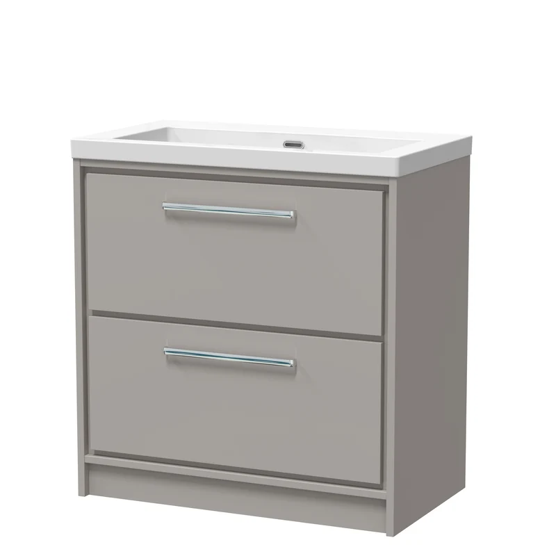 Lille 800mm Floor Standing 2 Drawer Vanity Unit & Modern Fireclay Basin With No Tap Holes - Pebble Grey Matt