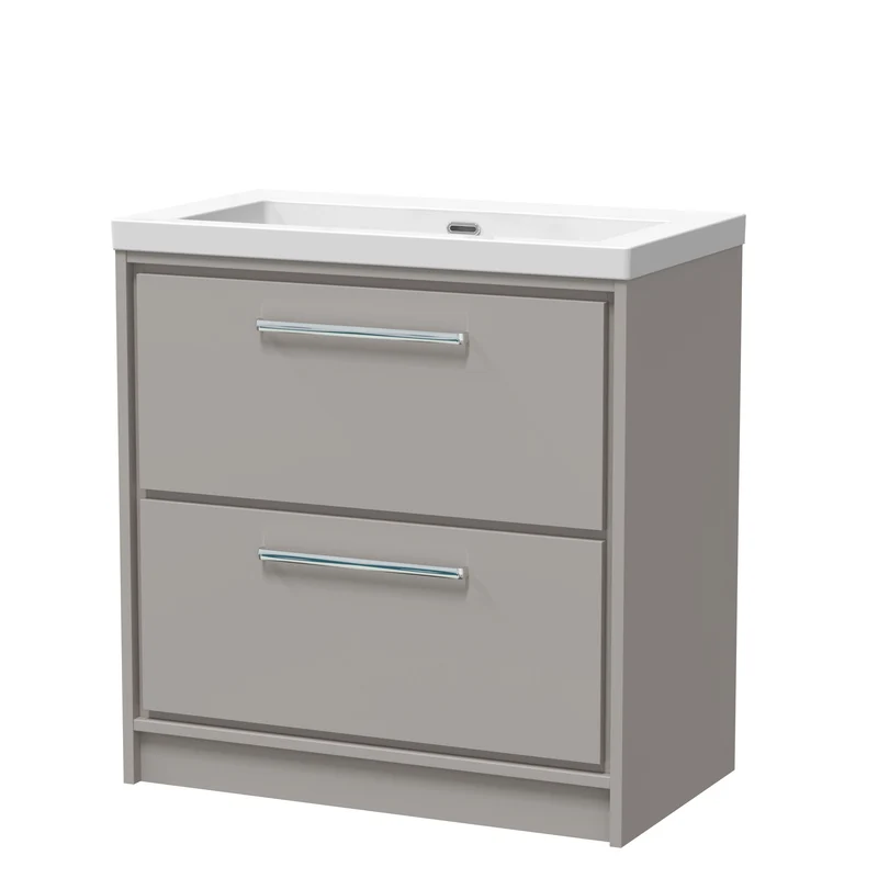 Lille 800mm Floor Standing 2 Drawer Vanity Unit & Modern Fireclay Basin With No Tap Holes - Pebble Grey Matt