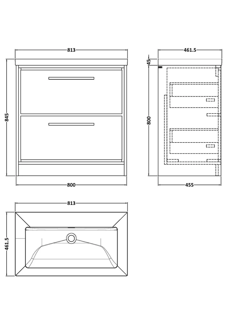 Lille 800mm Floor Standing 2 Drawer Vanity Unit & Modern Fireclay Basin With No Tap Holes - Pebble Grey Matt