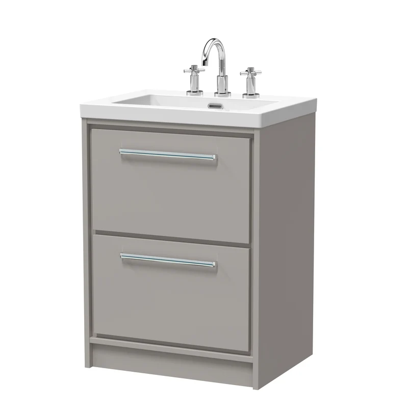 Lille 600mm Floor Standing 2 Drawer Vanity Unit & Modern Fireclay Basin With 3 Tap Holes - Pebble Grey Matt