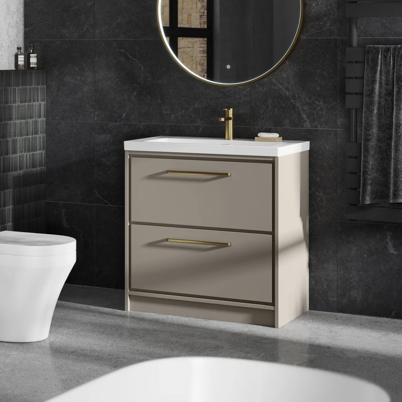 Lille 600mm Floor Standing 2 Drawer Vanity Unit & Modern Fireclay Basin With 1 Tap Hole - Pebble Grey Matt