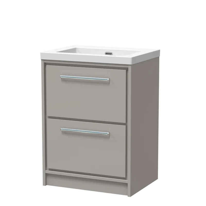 Lille 600mm Floor Standing 2 Drawer Vanity Unit & Modern Fireclay Basin With No Tap Holes - Pebble Grey Matt