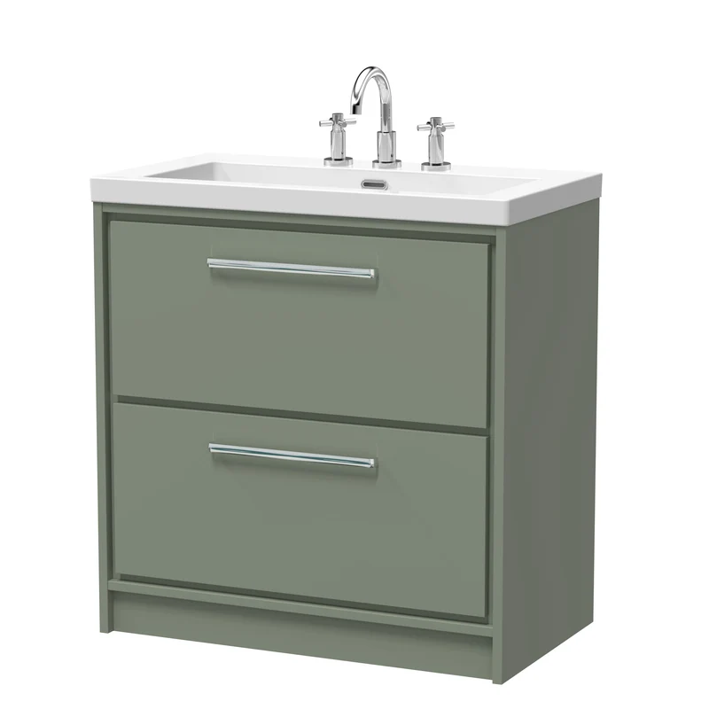 Lille 800mm Floor Standing 2 Drawer Vanity Unit & Modern Fireclay Basin With 3 Tap Holes - Fern Green Matt