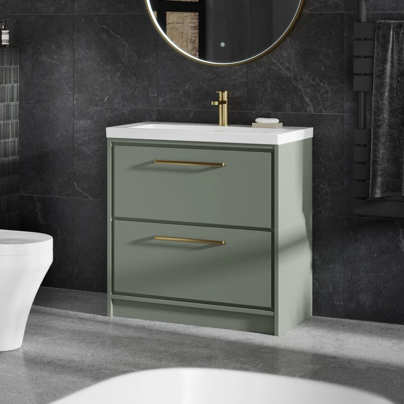 Lille 800mm Floor Standing 2 Drawer Vanity Unit & Modern Fireclay Basin With 1 Tap Hole - Fern Green Matt