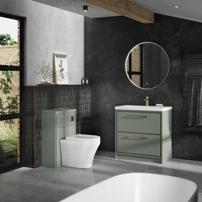 Lille 800mm Floor Standing 2 Drawer Vanity Unit & Modern Fireclay Basin With 1 Tap Hole - Fern Green Matt