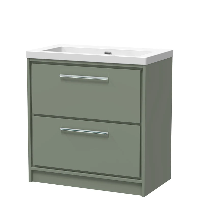Lille 800mm Floor Standing 2 Drawer Vanity Unit & Modern Fireclay Basin With No Tap Holes - Fern Green Matt