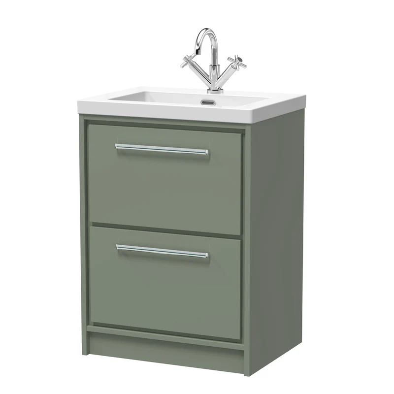 Lille 600mm Floor Standing 2 Drawer Vanity Unit & Modern Fireclay Basin With 1 Tap Hole - Fern Green Matt