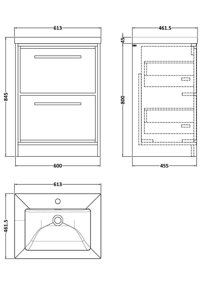 Lille 600mm Floor Standing 2 Drawer Vanity Unit & Modern Fireclay Basin With 1 Tap Hole - Fern Green Matt