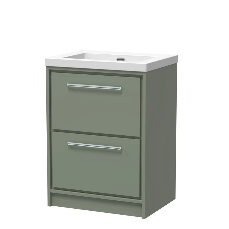 Lille 600mm Floor Standing 2 Drawer Vanity Unit & Modern Fireclay Basin With No Tap Holes - Fern Green Matt