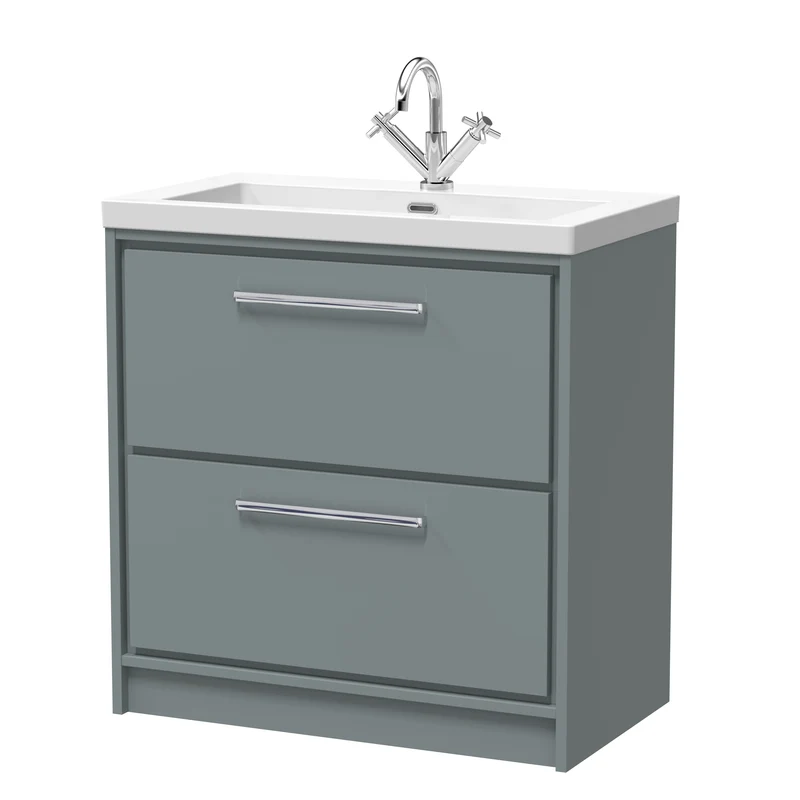 Lille 800mm Floor Standing 2 Drawer Vanity Unit & Modern Fireclay Basin With 3 Tap Holes - Coastal Grey Matt