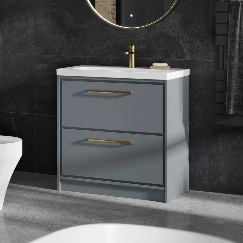 Lille 800mm Floor Standing 2 Drawer Vanity Unit & Modern Fireclay Basin With 1 Tap Hole - Coastal Grey Matt