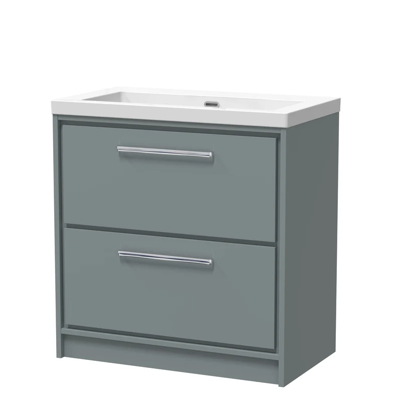 Lille 800mm Floor Standing 2 Drawer Vanity Unit & Modern Fireclay Basin With No Tap Holes - Coastal Grey Matt