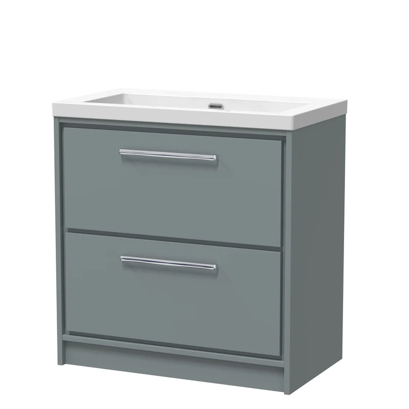 Lille 800mm Floor Standing 2 Drawer Vanity Unit & Modern Fireclay Basin With No Tap Holes - Coastal Grey Matt