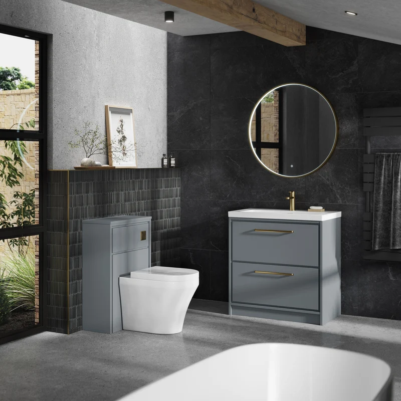 Lille 600mm Floor Standing 2 Drawer Vanity Unit & Modern Fireclay Basin With 1 Tap Hole - Coastal Grey Matt