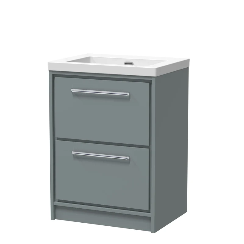 Lille 600mm Floor Standing 2 Drawer Vanity Unit & Modern Fireclay Basin With No Tap Holes - Coastal Grey Matt