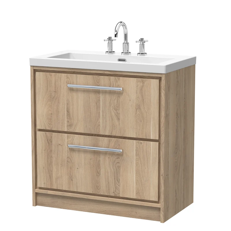 Lille 800mm Floor Standing 2 Drawer Vanity Unit & Modern Fireclay Basin With 3 Tap Holes - Bleached Oak Woodgrain