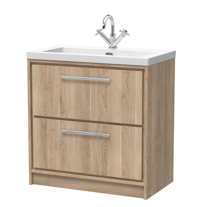 Lille 800mm Floor Standing 2 Drawer Vanity Unit & Modern Fireclay Basin With 1 Tap Hole - Bleached Oak Woodgrain