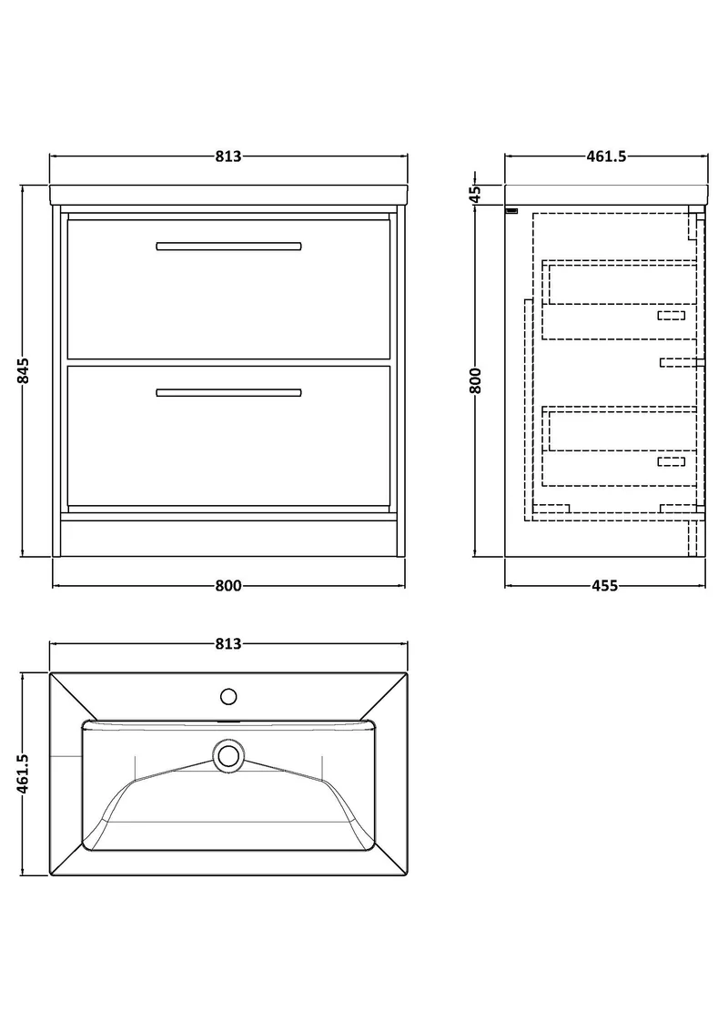 Lille 800mm Floor Standing 2 Drawer Vanity Unit & Modern Fireclay Basin With 1 Tap Hole - Bleached Oak Woodgrain