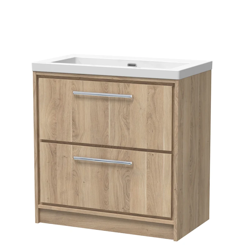Lille 800mm Floor Standing 2 Drawer Vanity Unit & Modern Fireclay Basin With No Tap Holes - Bleached Oak Woodgrain
