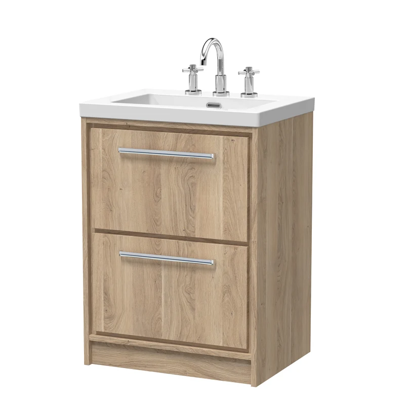 Lille 600mm Floor Standing 2 Drawer Vanity Unit & Modern Fireclay Basin With 3 Tap Holes - Bleached Oak Woodgrain