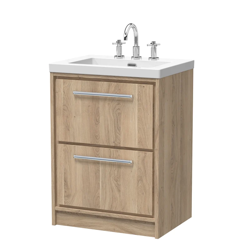 Lille 600mm Floor Standing 2 Drawer Vanity Unit & Modern Fireclay Basin With 3 Tap Holes - Bleached Oak Woodgrain