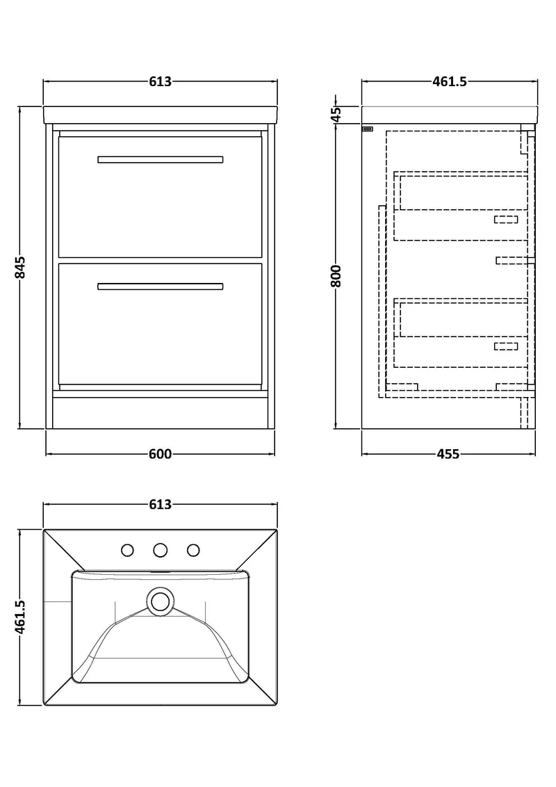 Lille 600mm Floor Standing 2 Drawer Vanity Unit & Modern Fireclay Basin With 3 Tap Holes - Bleached Oak Woodgrain