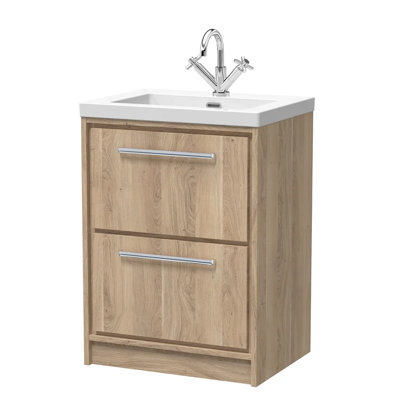 Lille 600mm Floor Standing 2 Drawer Vanity Unit & Modern Fireclay Basin With 1 Tap Hole - Bleached Oak Woodgrain