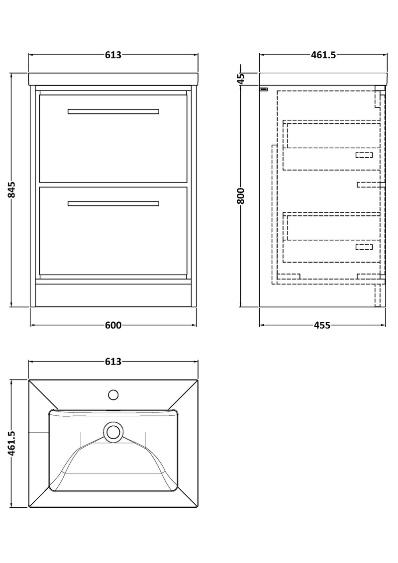 Lille 600mm Floor Standing 2 Drawer Vanity Unit & Modern Fireclay Basin With 1 Tap Hole - Bleached Oak Woodgrain