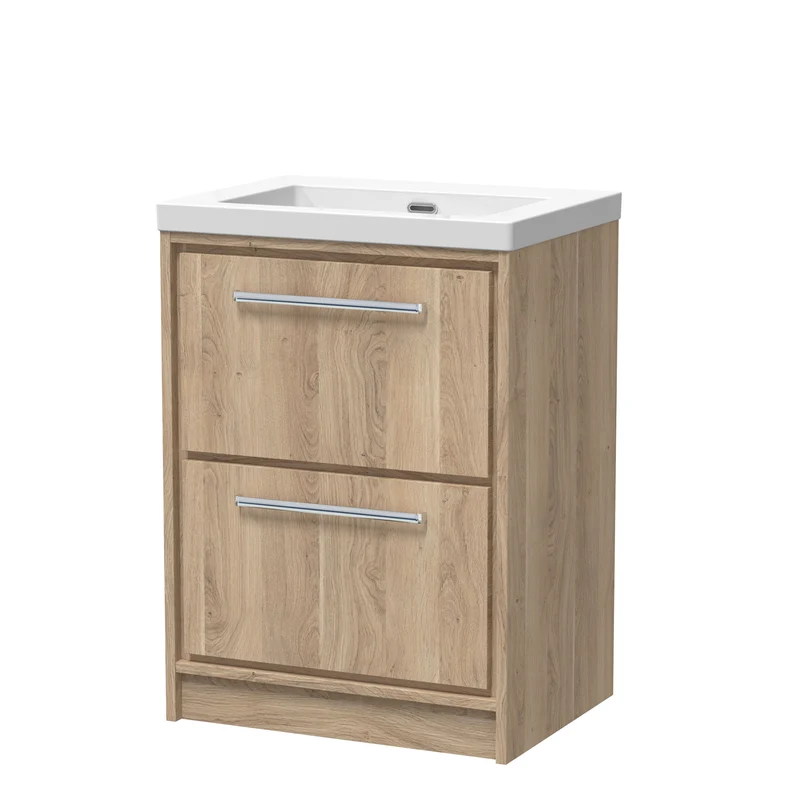Lille 600mm Floor Standing 2 Drawer Vanity Unit & Modern Fireclay Basin With No Tap Holes - Bleached Oak Woodgrain
