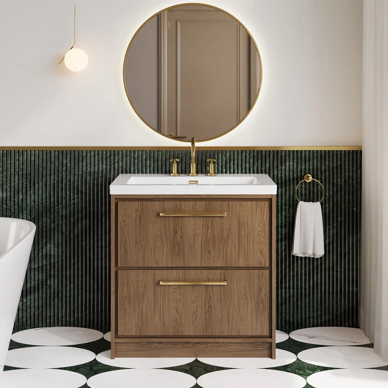 Lille 800mm Floor Standing 2 Drawer Vanity Unit & Modern Fireclay Basin With 3 Tap Holes - Antique Oak Woodgrain