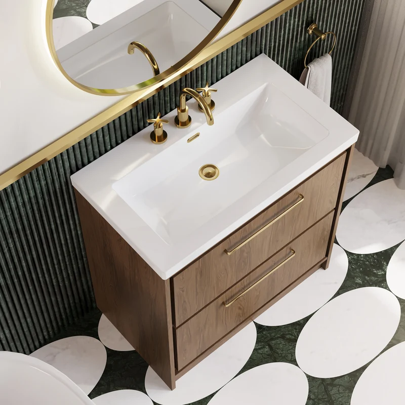 Lille 800mm Floor Standing 2 Drawer Vanity Unit & Modern Fireclay Basin With 3 Tap Holes - Antique Oak Woodgrain