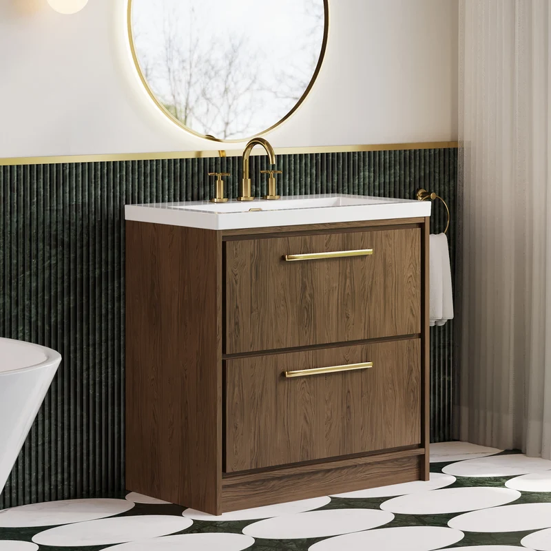Lille 800mm Floor Standing 2 Drawer Vanity Unit & Modern Fireclay Basin With 3 Tap Holes - Antique Oak Woodgrain