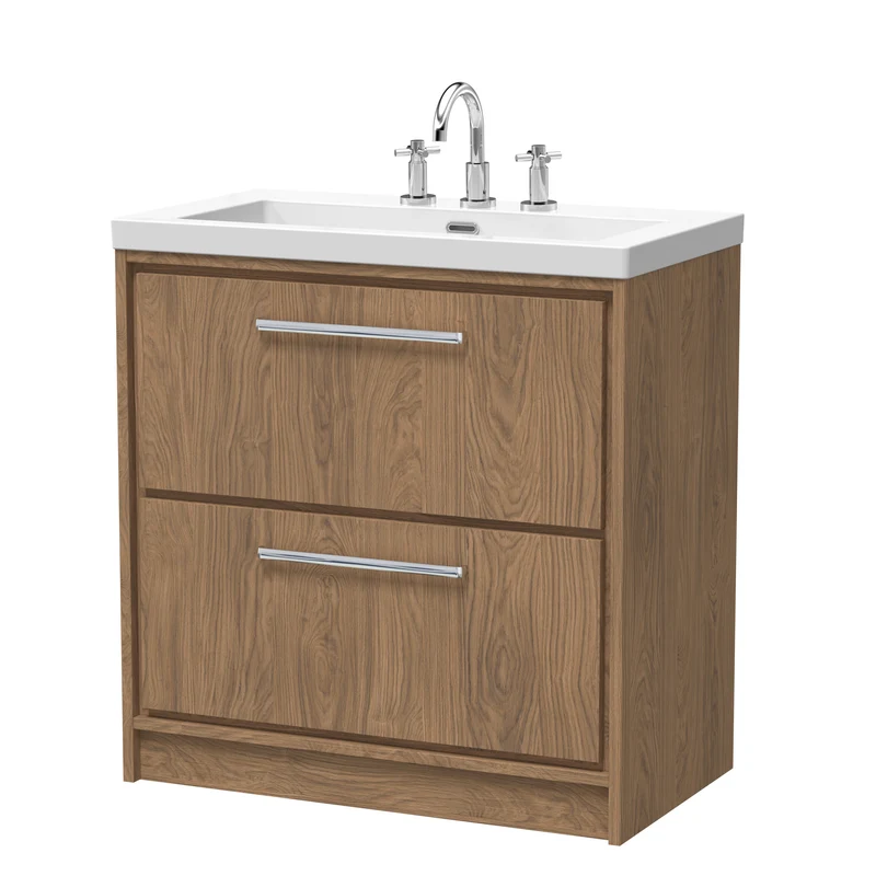 Lille 800mm Floor Standing 2 Drawer Vanity Unit & Modern Fireclay Basin With 3 Tap Holes - Antique Oak Woodgrain