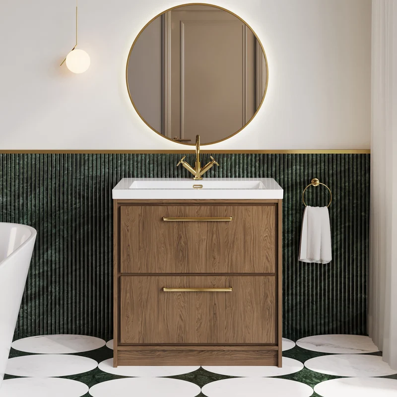 Lille 800mm Floor Standing 2 Drawer Vanity Unit & Modern Fireclay Basin With 1 Tap Hole - Antique Oak Woodgrain