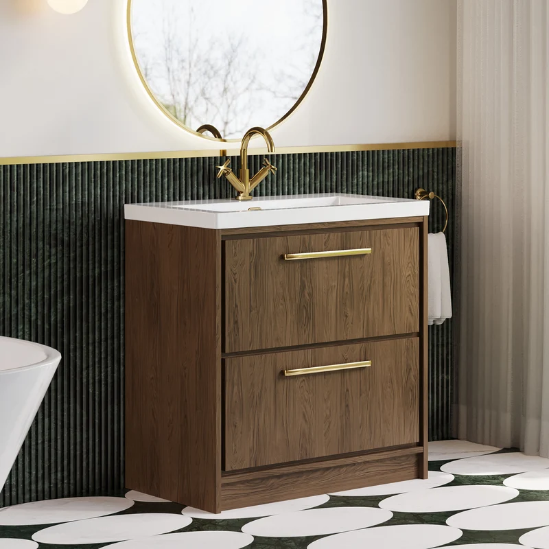 Lille 800mm Floor Standing 2 Drawer Vanity Unit & Modern Fireclay Basin With 1 Tap Hole - Antique Oak Woodgrain