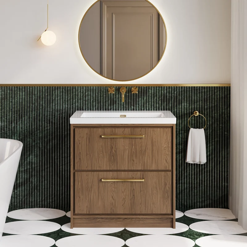Lille 800mm Floor Standing 2 Drawer Vanity Unit & Modern Fireclay Basin With No Tap Holes - Antique Oak Woodgrain