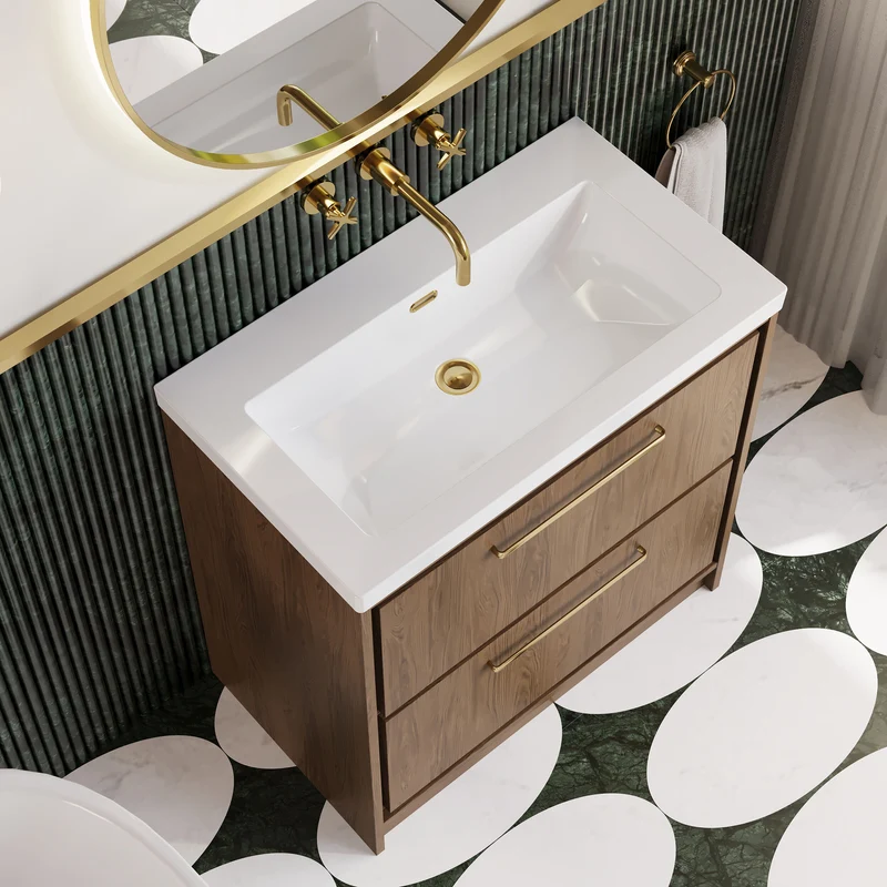 Lille 800mm Floor Standing 2 Drawer Vanity Unit & Modern Fireclay Basin With No Tap Holes - Antique Oak Woodgrain