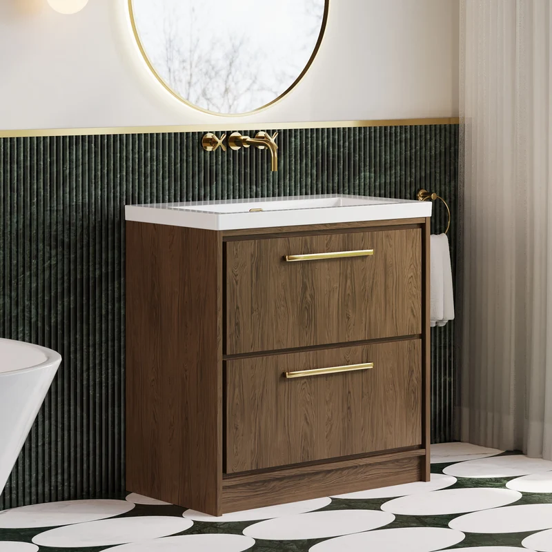 Lille 800mm Floor Standing 2 Drawer Vanity Unit & Modern Fireclay Basin With No Tap Holes - Antique Oak Woodgrain