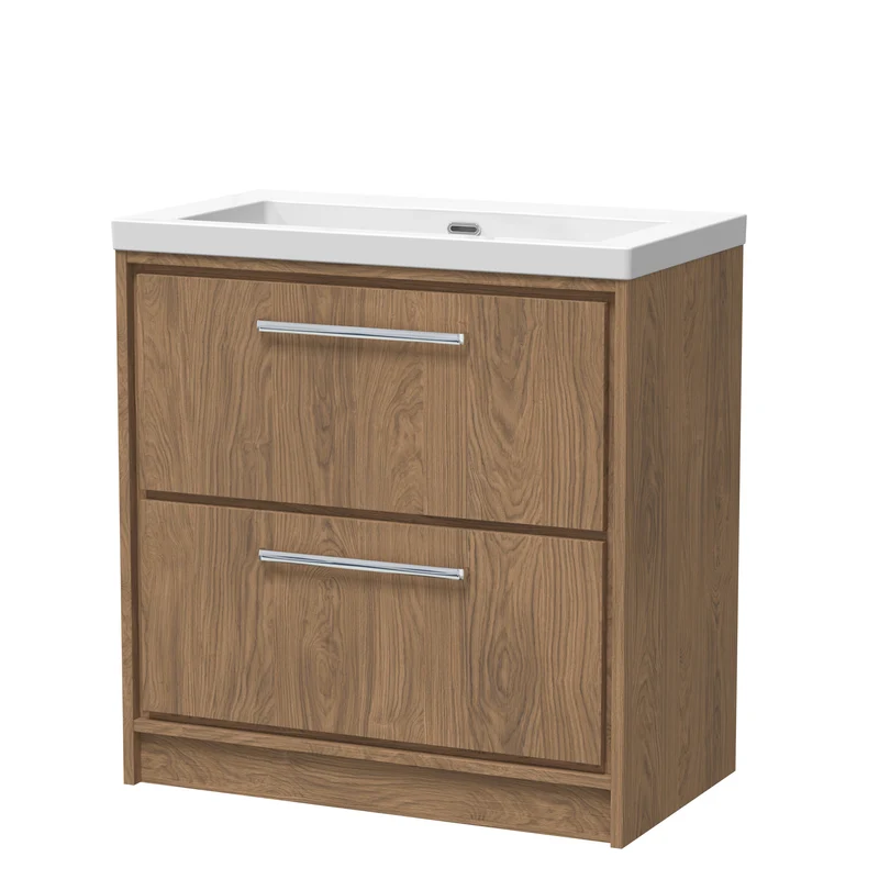 Lille 800mm Floor Standing 2 Drawer Vanity Unit & Modern Fireclay Basin With No Tap Holes - Antique Oak Woodgrain