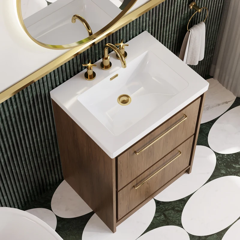 Lille 600mm Floor Standing 2 Drawer Vanity Unit & Modern Fireclay Basin With 3 Tap Holes - Antique Oak Woodgrain