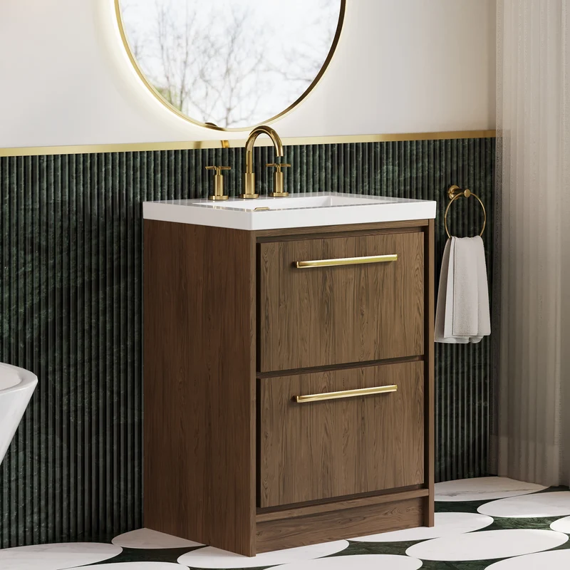 Lille 600mm Floor Standing 2 Drawer Vanity Unit & Modern Fireclay Basin With 3 Tap Holes - Antique Oak Woodgrain