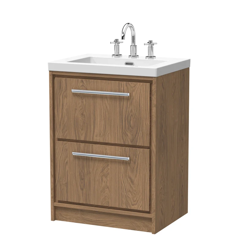 Lille 600mm Floor Standing 2 Drawer Vanity Unit & Modern Fireclay Basin With 3 Tap Holes - Antique Oak Woodgrain