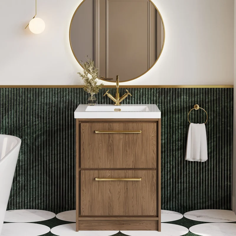 Lille 600mm Floor Standing 2 Drawer Vanity Unit & Modern Fireclay Basin With 1 Tap Hole - Antique Oak Woodgrain
