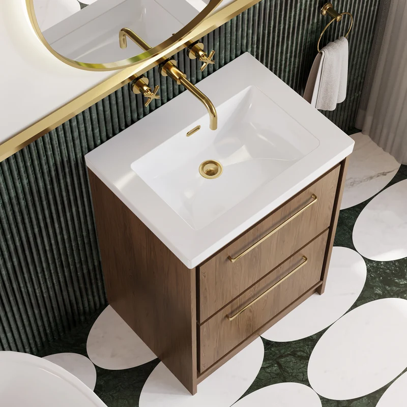 Lille 600mm Floor Standing 2 Drawer Vanity Unit & Modern Fireclay Basin With No Tap Holes - Antique Oak Woodgrain