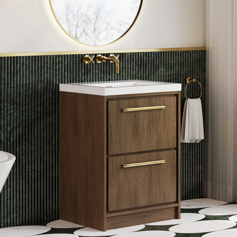 Lille 600mm Floor Standing 2 Drawer Vanity Unit & Modern Fireclay Basin With No Tap Holes - Antique Oak Woodgrain