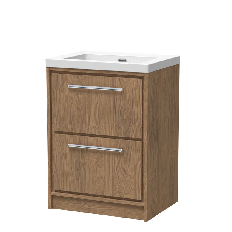Lille 600mm Floor Standing 2 Drawer Vanity Unit & Modern Fireclay Basin With No Tap Holes - Antique Oak Woodgrain
