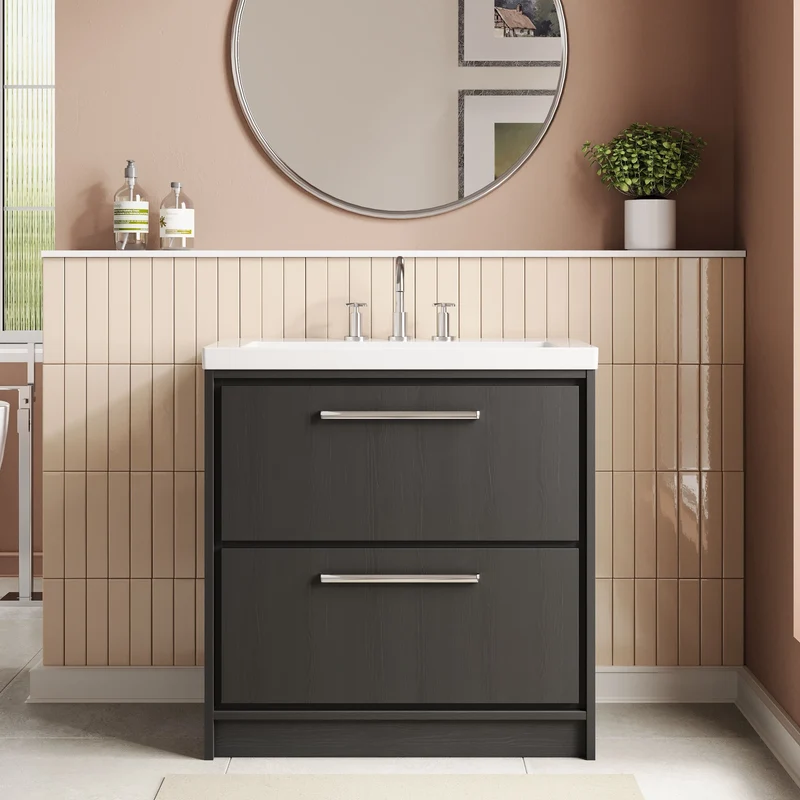 Lille 800mm Floor Standing 2 Drawer Vanity Unit & Modern Fireclay Basin With 3 Tap Holes - Graphite Grey Woodgrain