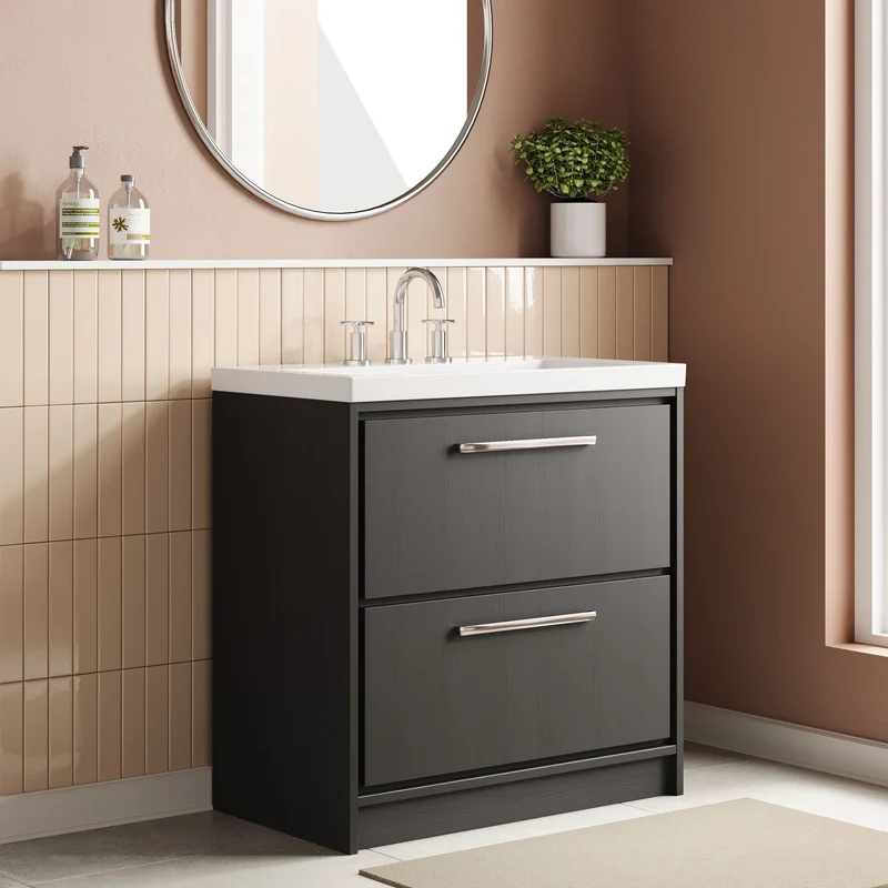 Lille 800mm Floor Standing 2 Drawer Vanity Unit & Modern Fireclay Basin With 3 Tap Holes - Graphite Grey Woodgrain