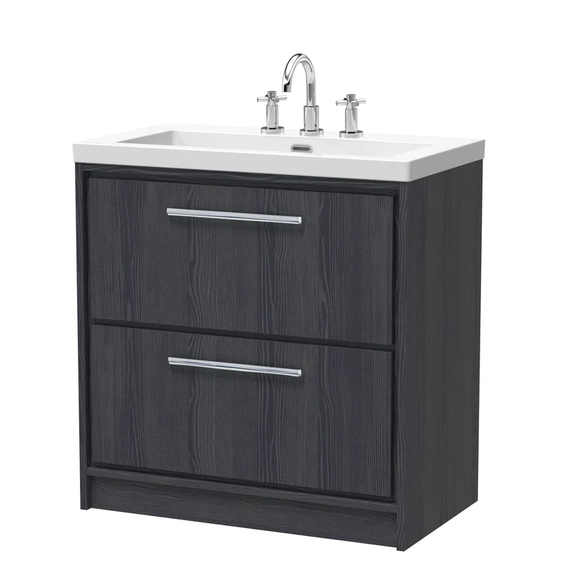 Lille 800mm Floor Standing 2 Drawer Vanity Unit & Modern Fireclay Basin With 3 Tap Holes - Graphite Grey Woodgrain