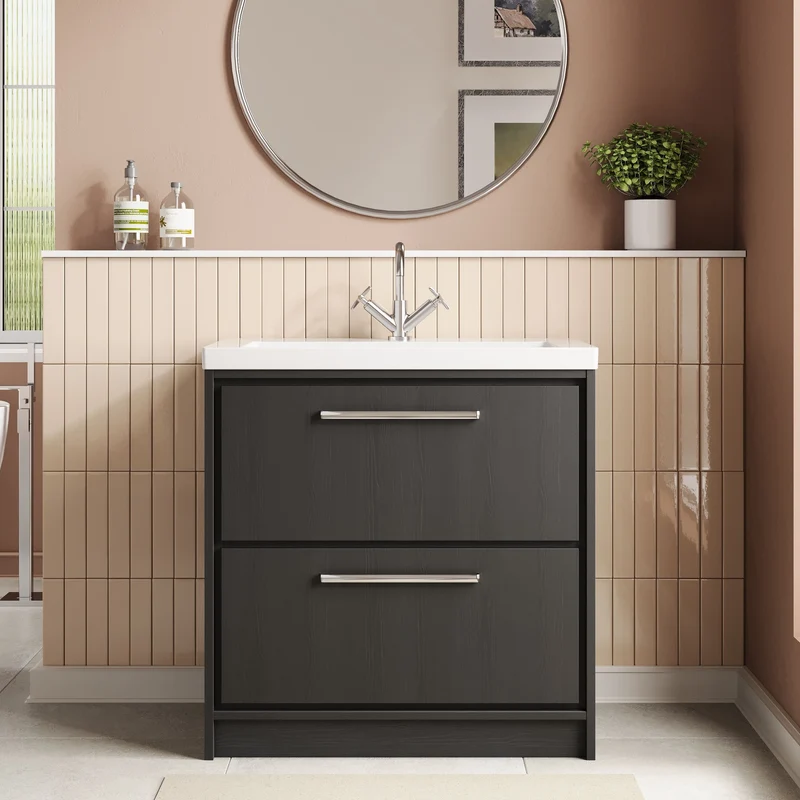 Lille 800mm Floor Standing 2 Drawer Vanity Unit & Modern Fireclay Basin With 1 Tap Hole - Graphite Grey Woodgrain